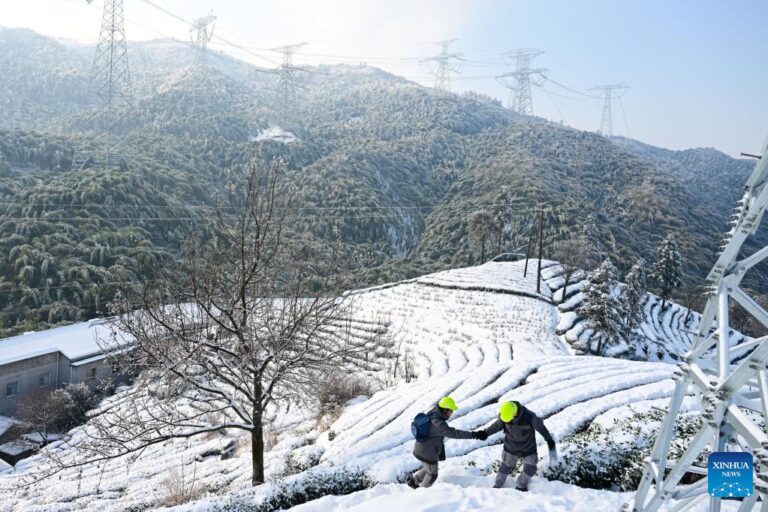 Maintenance workers conduct deicing operation to ensure power supply in E China’s Jinzhai County-Xinhua